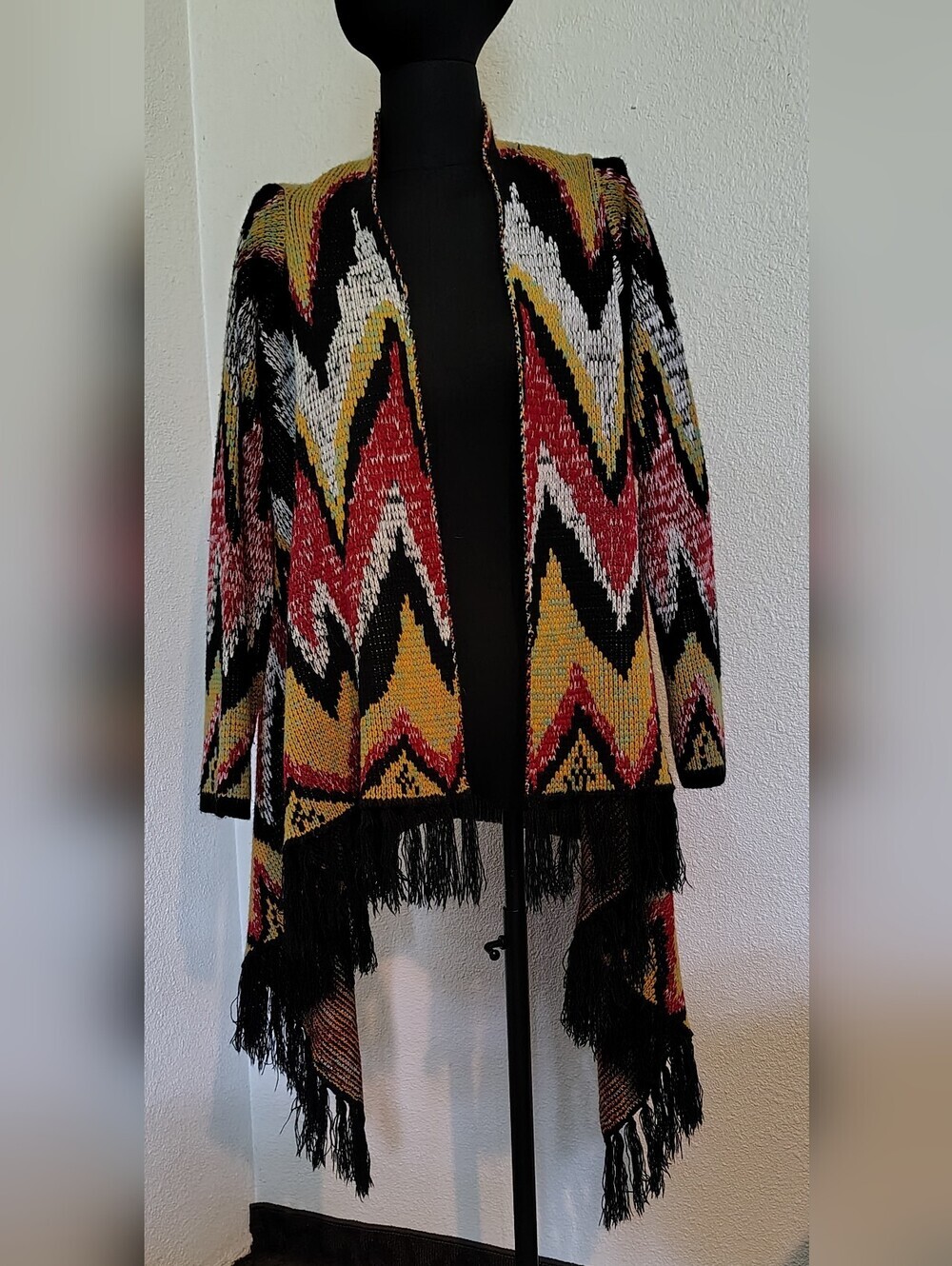 Woven Heart Boho Multicolor Chevron Fringe Aztec Open Cardigan Women Medium